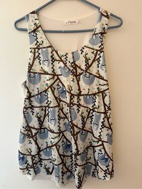 La Soul Sloth Print Tank Top - Light Blue & Brown